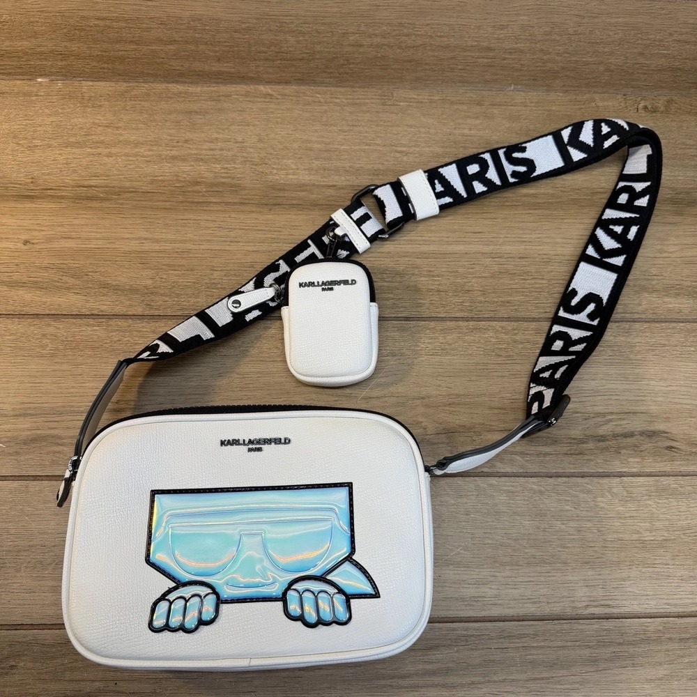 Karl Lagerfeld Maybelle Double Zip White Iridescent Crossbody Camera Bag Pouch - Picture 1 of 16